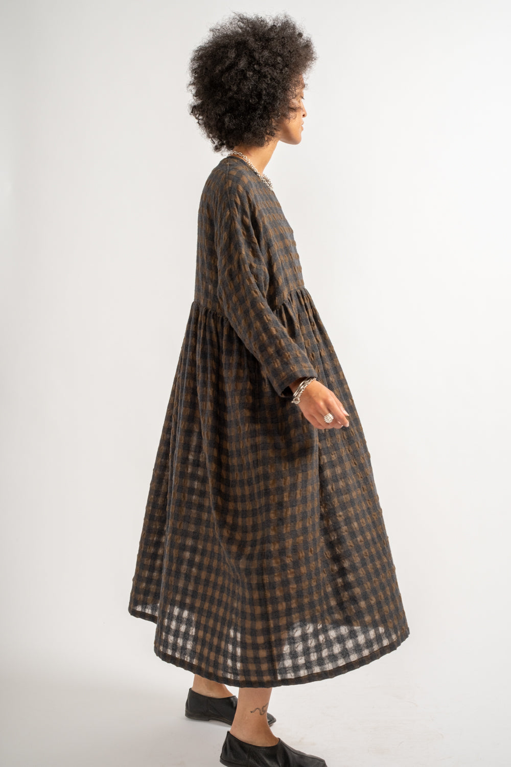 Gingham Check Dress in Khaki + Charcoal