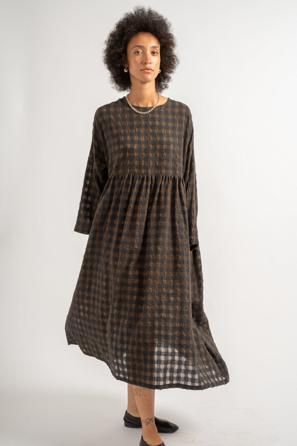 Gingham Check Dress in Khaki + Charcoal