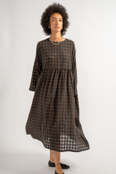 Gingham Check Dress in Khaki + Charcoal