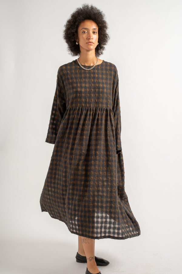 Gingham Check Dress in Khaki + Charcoal