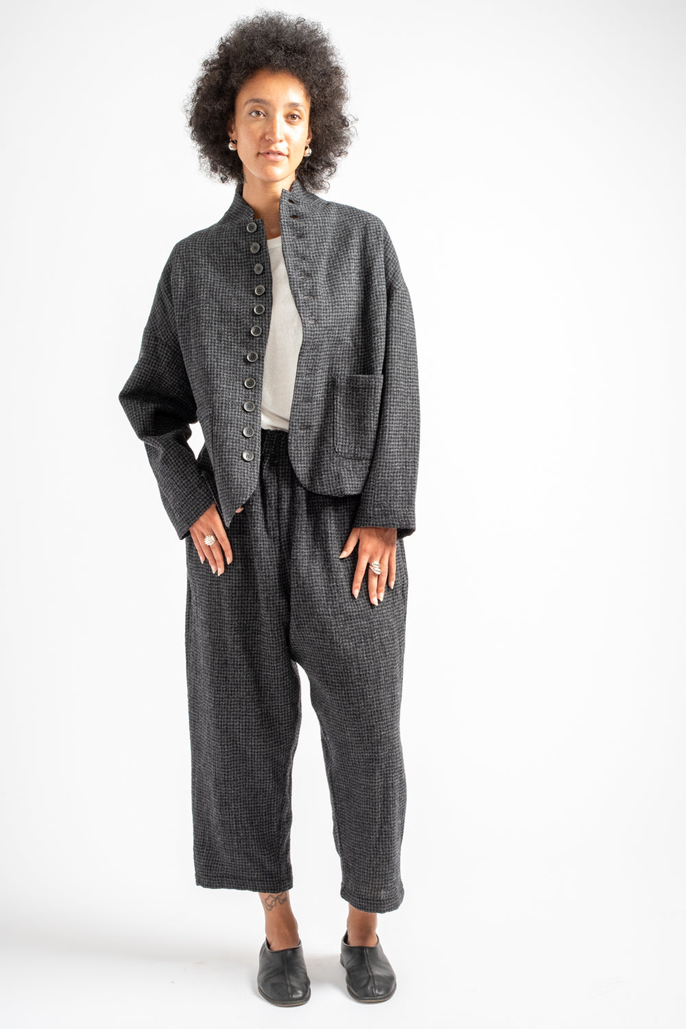 Wool Gauze Houndstooth Pants in Charcoal