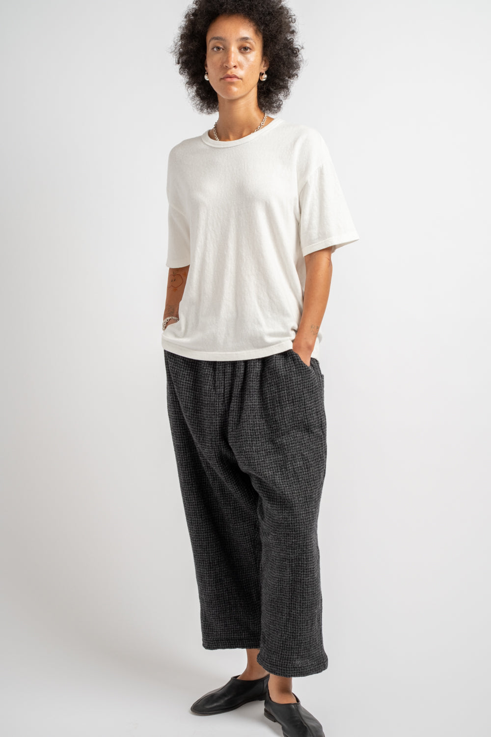 Wool Gauze Houndstooth Pants in Charcoal