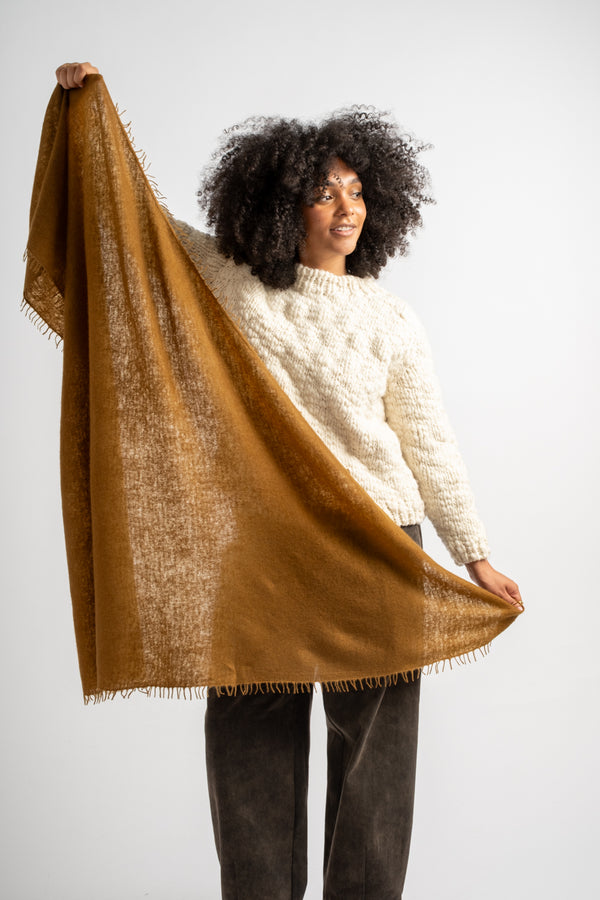 Large Felted Fringe Triangle Scarf in Bronze Brown