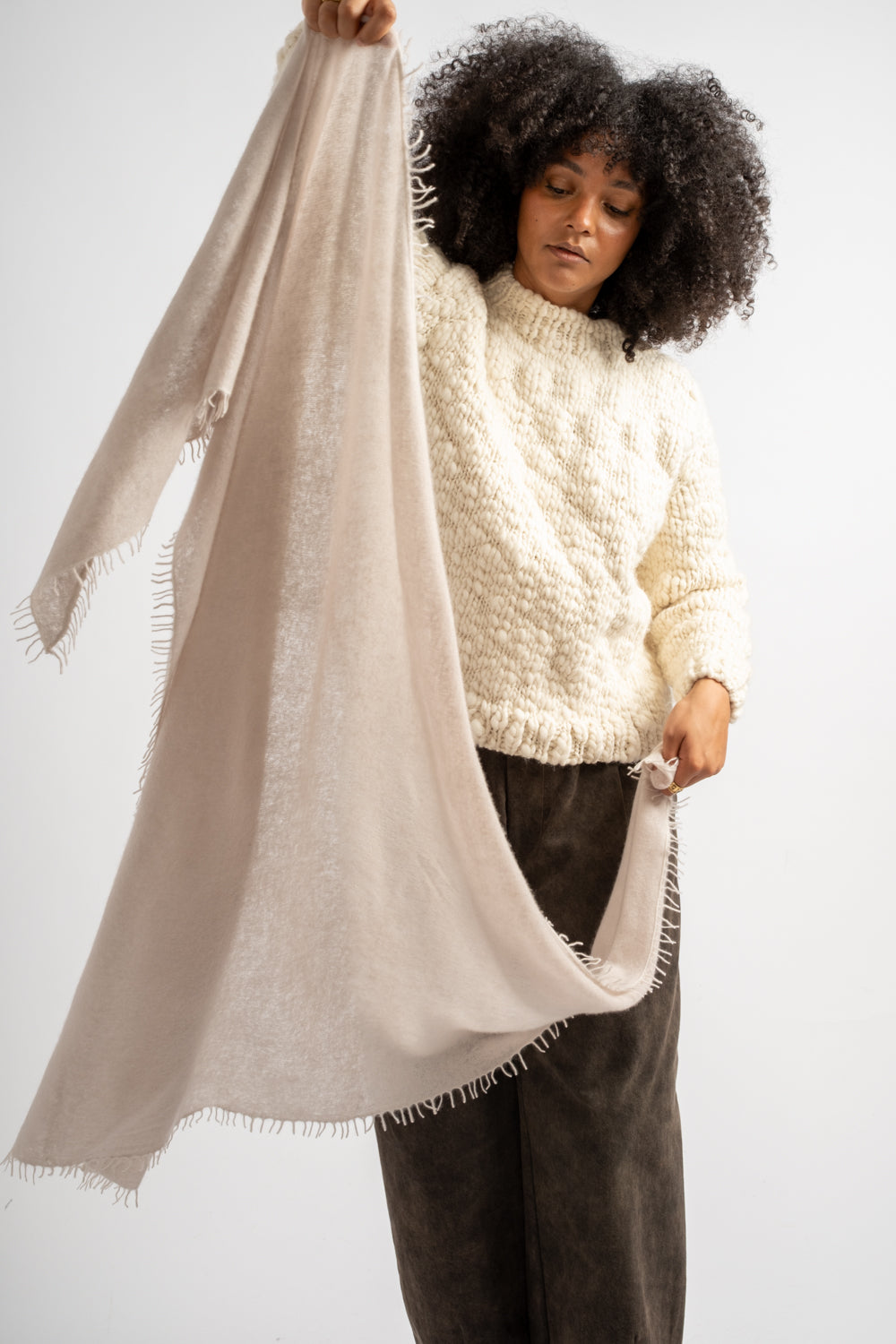 Large Felted Fringe Triangle Scarf in Moonbeam