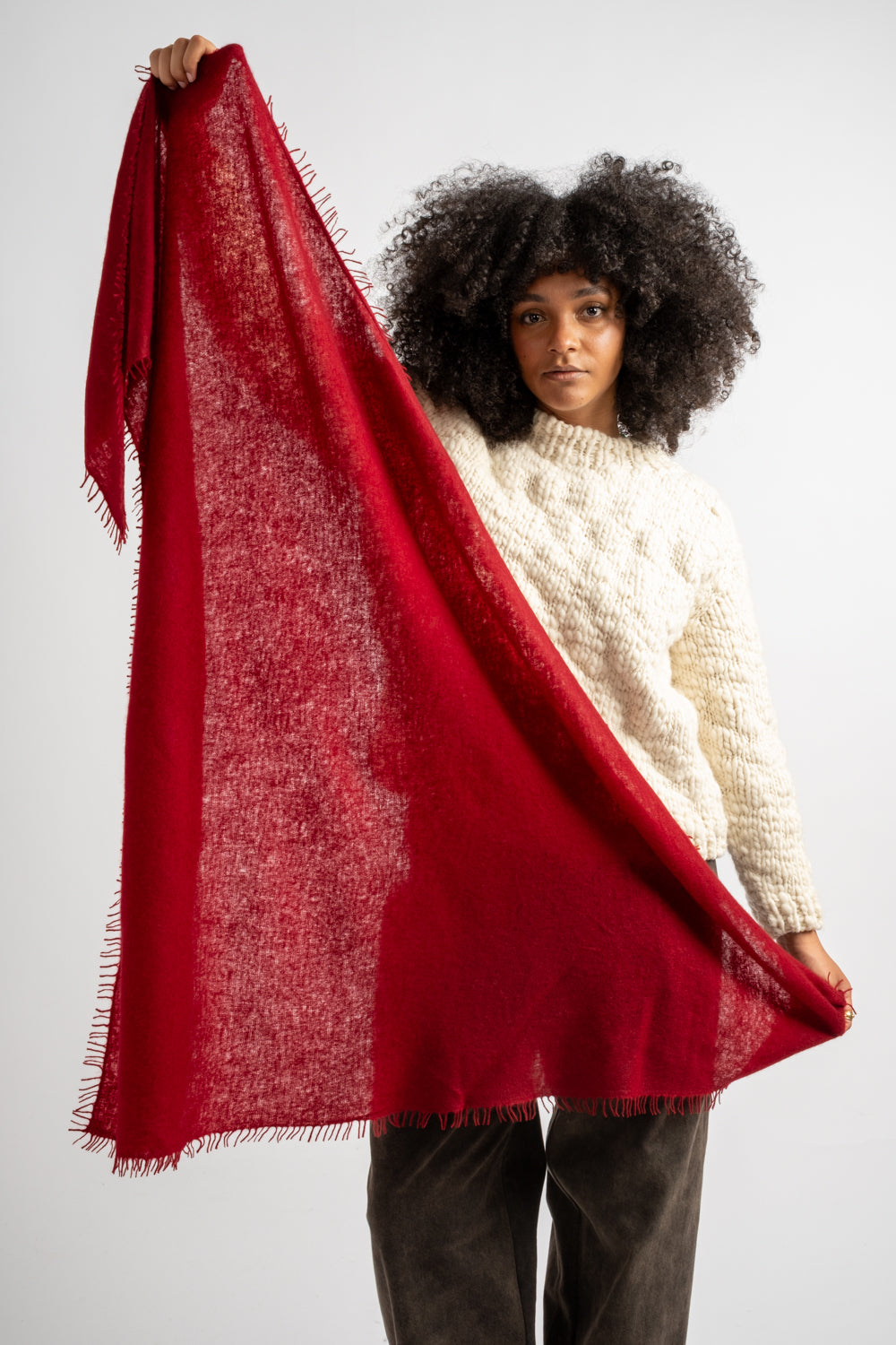 Large Felted Fringe Triangle Scarf in Red Dahlia