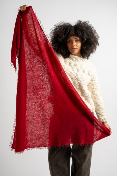 Large Felted Fringe Triangle Scarf in Red Dahlia