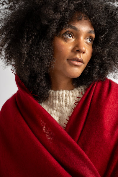 Large Felted Fringe Triangle Scarf in Red Dahlia