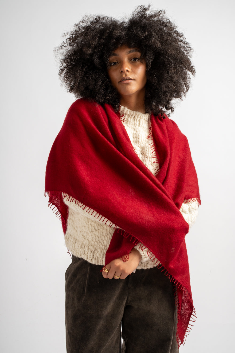 Large Felted Fringe Triangle Scarf in Red Dahlia
