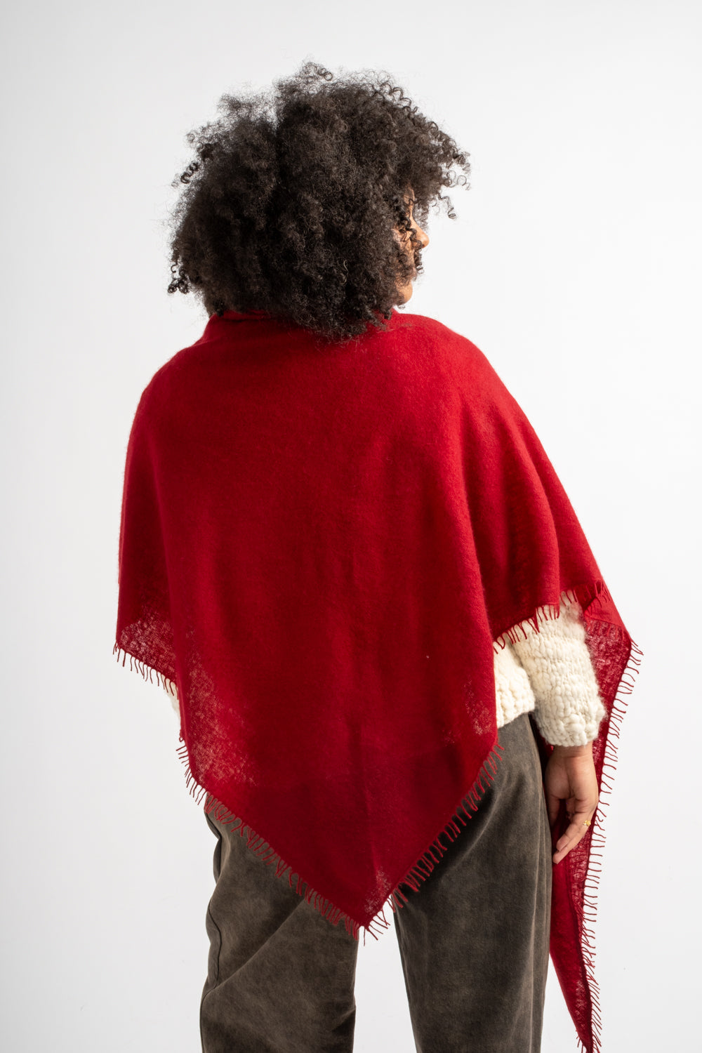 Large Felted Fringe Triangle Scarf in Red Dahlia