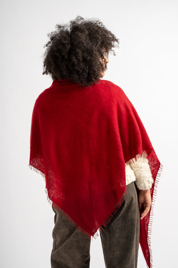 Large Felted Fringe Triangle Scarf in Red Dahlia