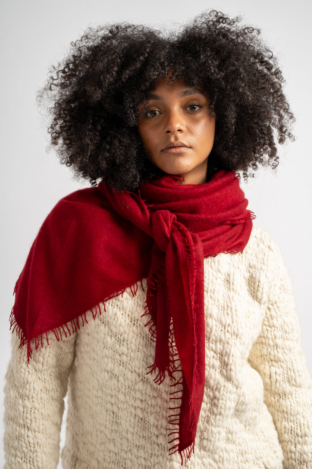 Large Felted Fringe Triangle Scarf in Red Dahlia