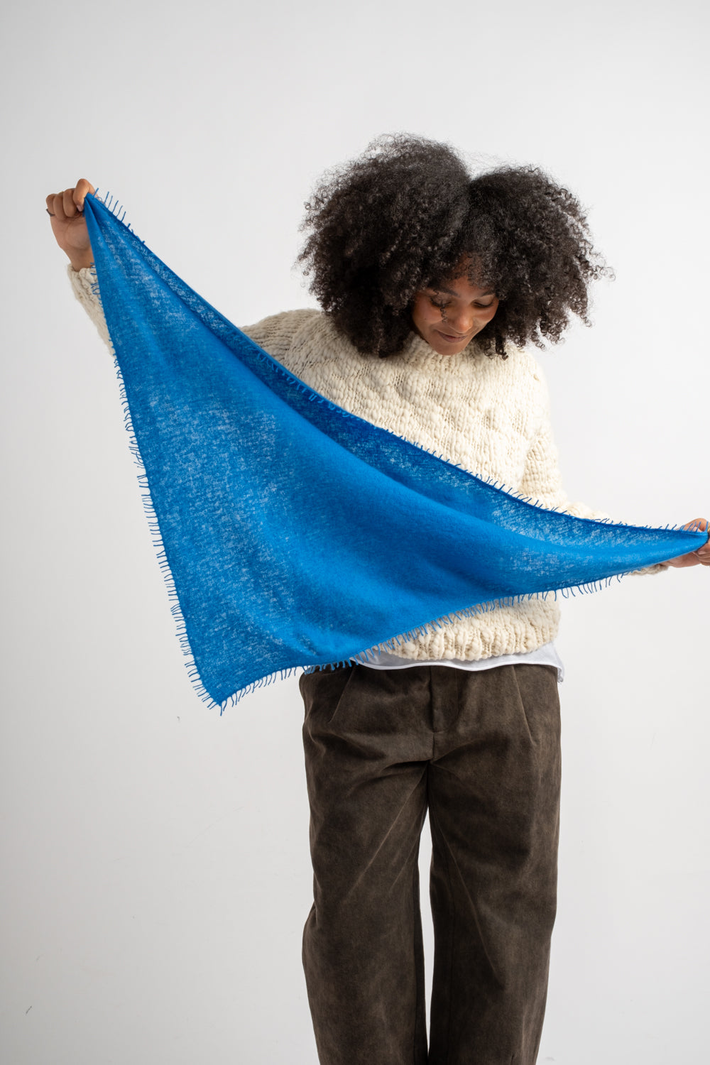 Small Felted Fringe Triangle Scarf in French Blue