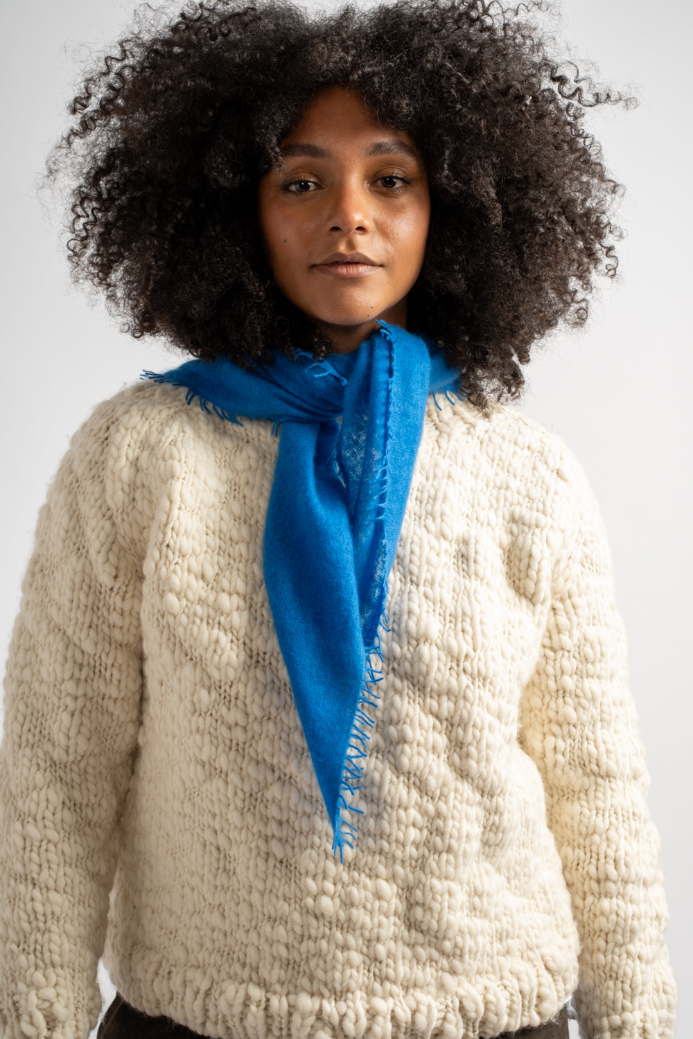 Small Felted Fringe Triangle Scarf in French Blue