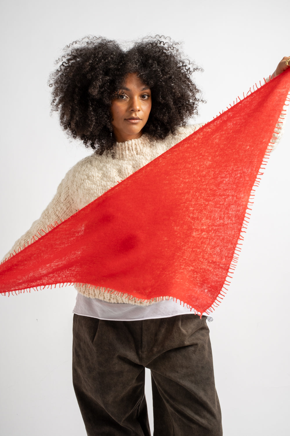 Small Felted Fringe Triangle Scarf in Goji Berry