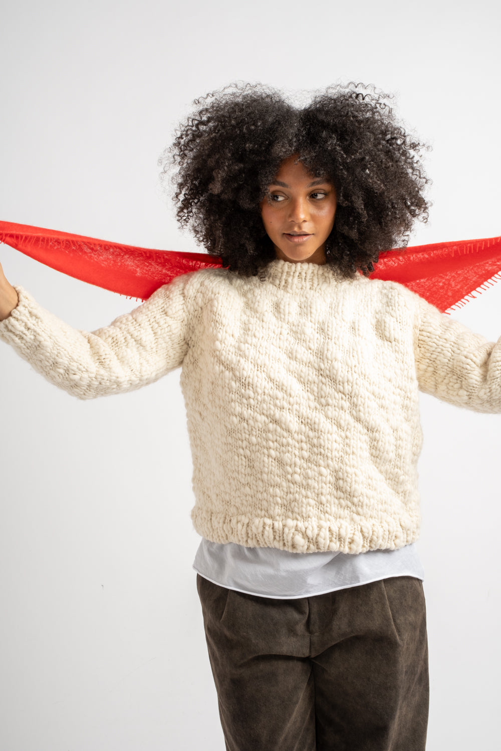 Small Felted Fringe Triangle Scarf in Goji Berry
