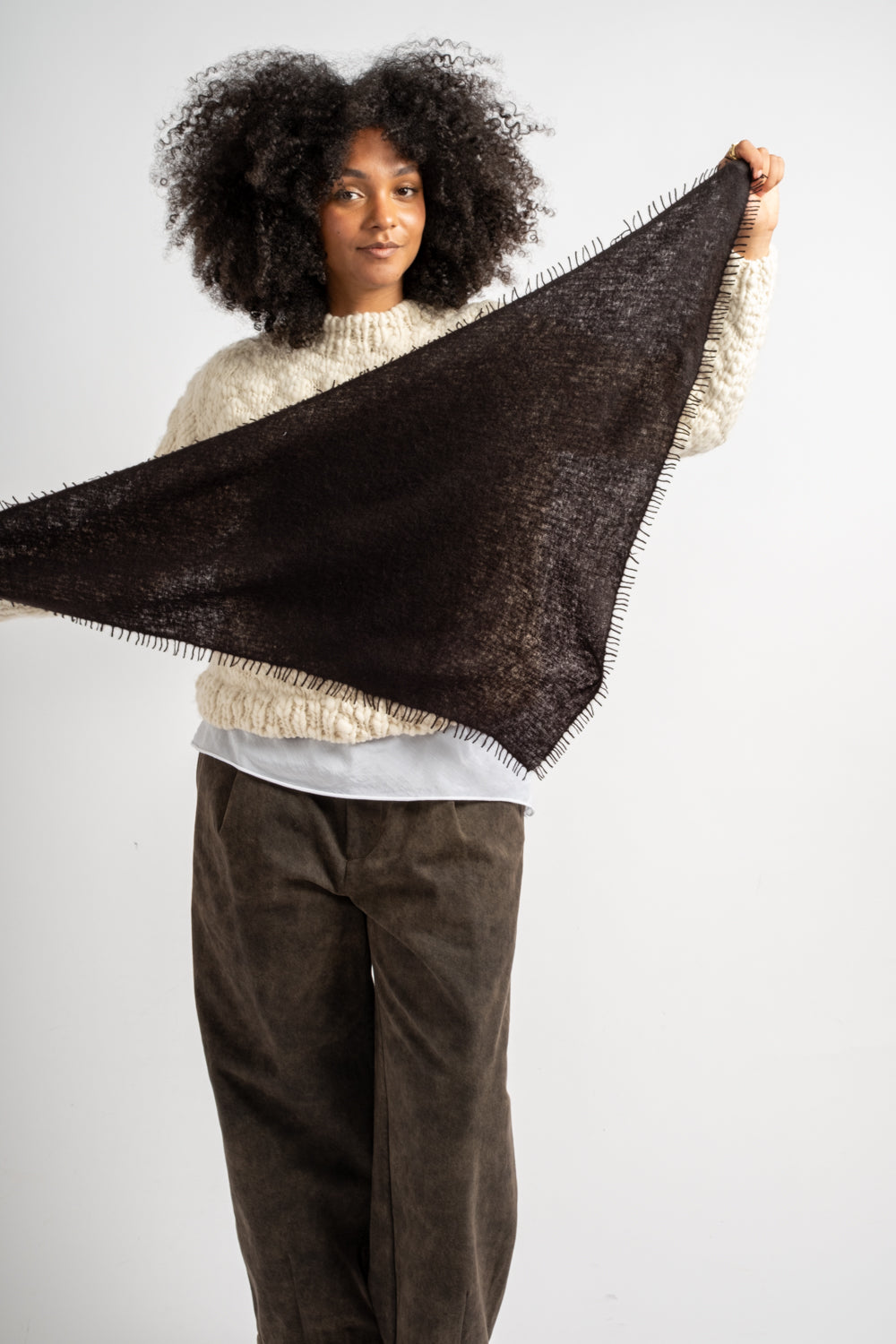 Small Felted Fringe Triangle Scarf in Licorice