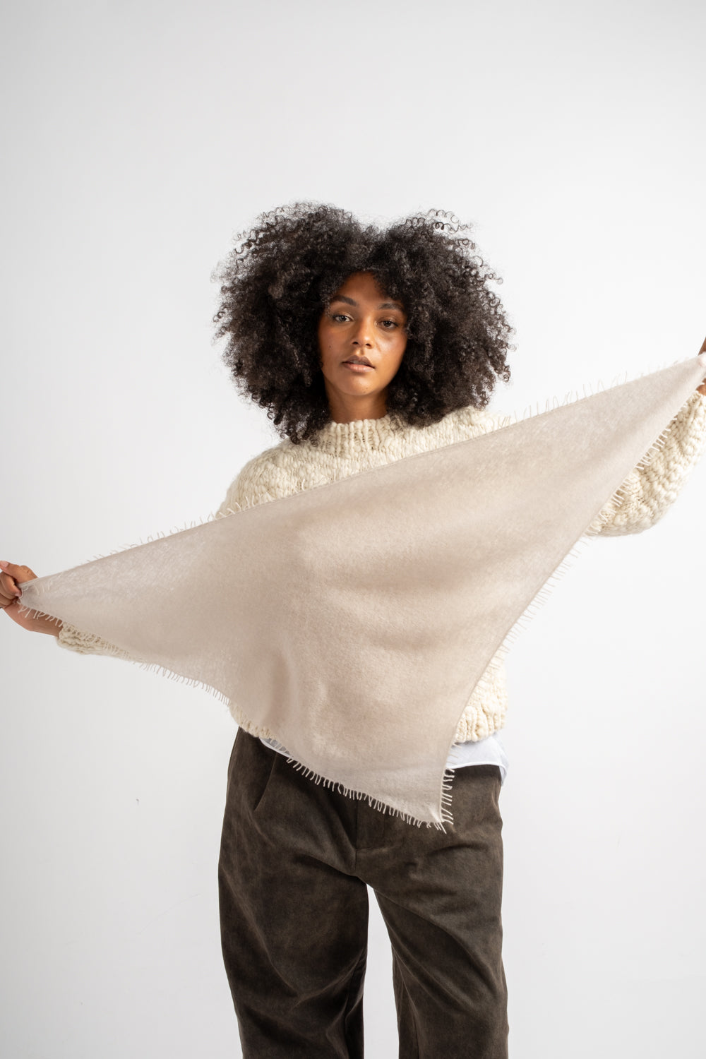 Small Felted Fringe Triangle Scarf in Moonbeam