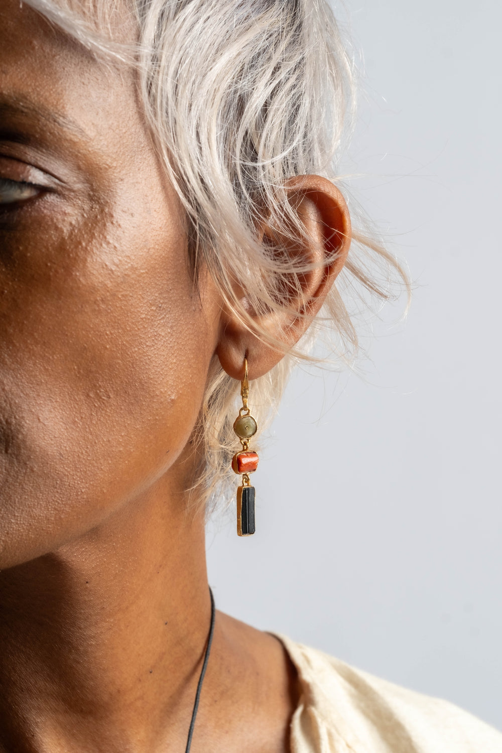 22K 3 Drop Coral, Tourmaline and Chimu Earrings