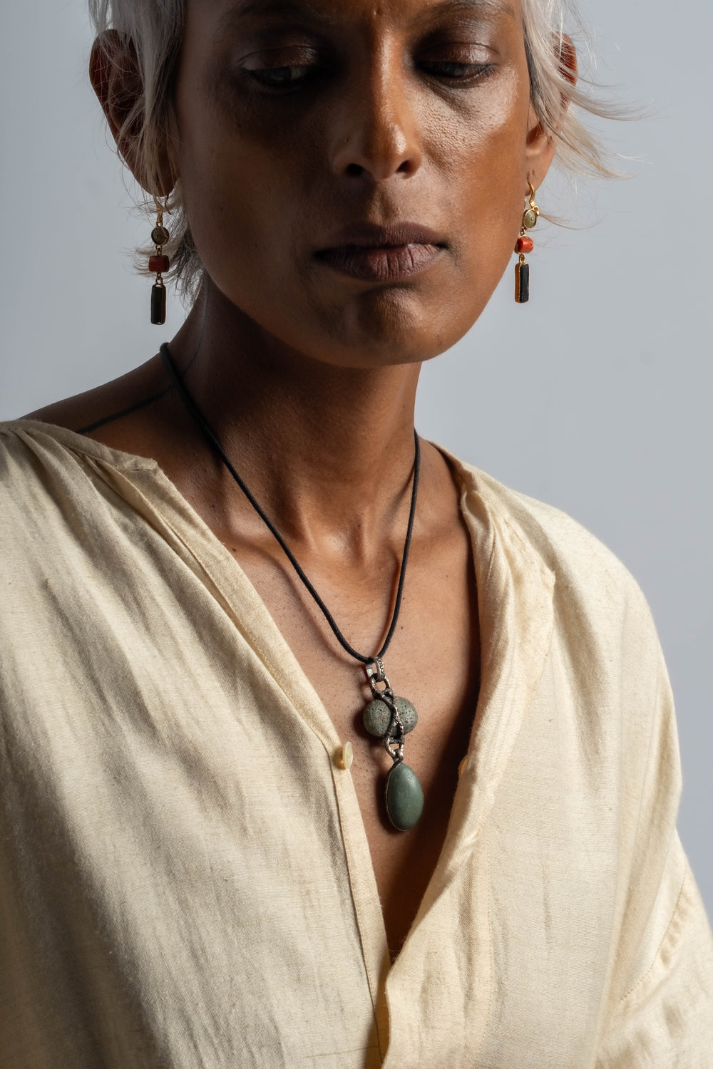 Sterling 2 Drop Indo Pebble Necklace