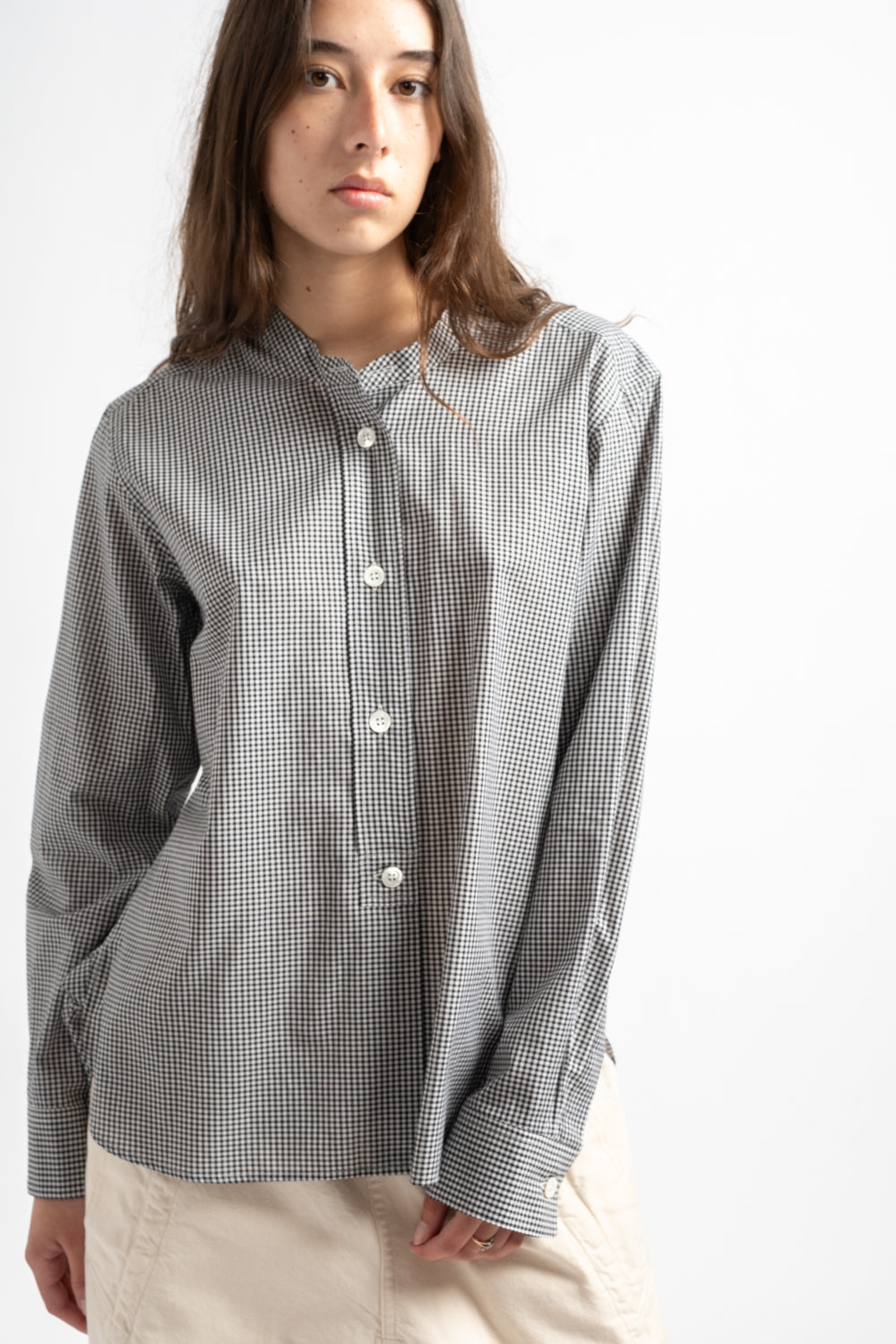 Button Through Collarless Shirt in Black + White Gingham