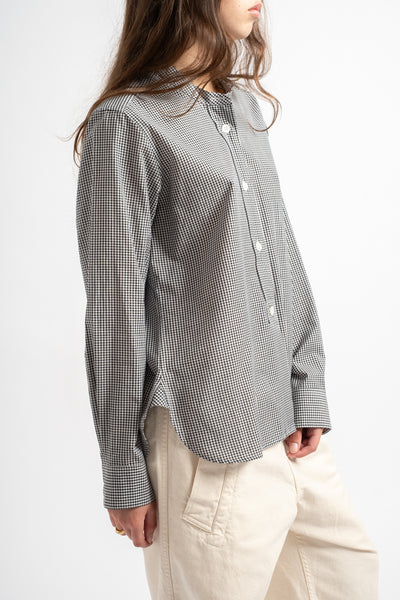 Button Through Collarless Shirt in Black + White Gingham