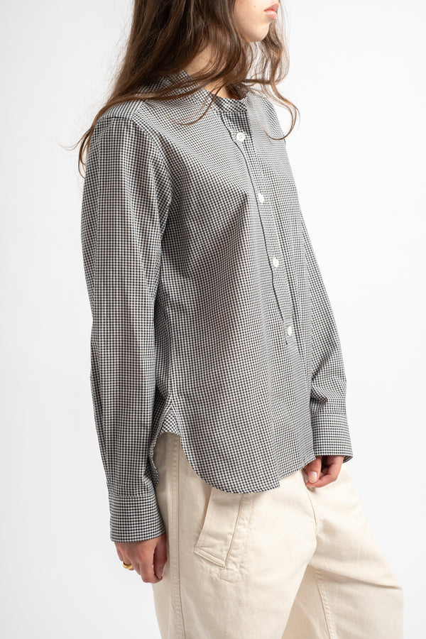Button Through Collarless Shirt in Black + White Gingham