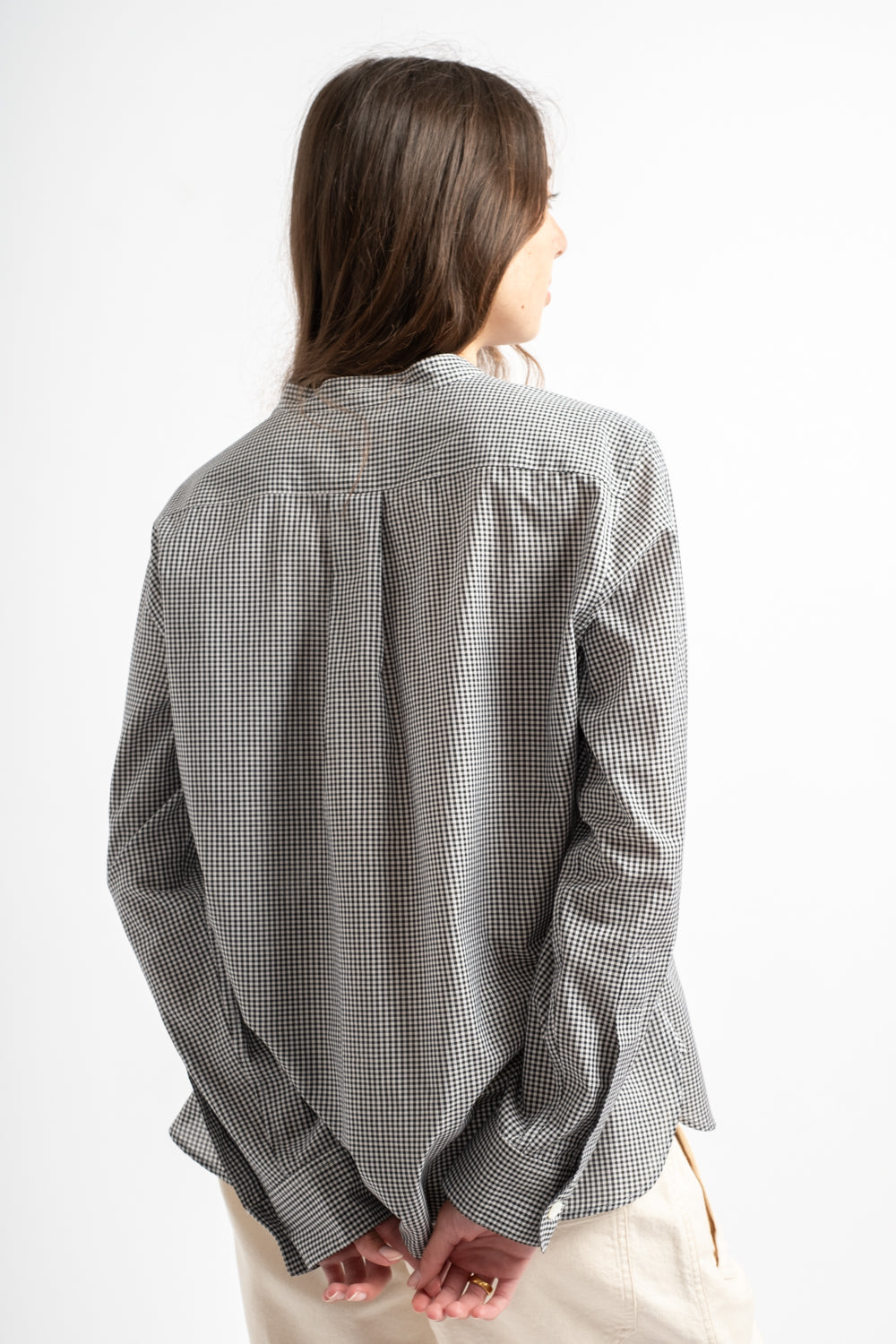 Button Through Collarless Shirt in Black + White Gingham