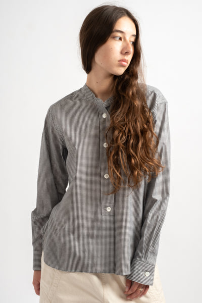 Button Through Collarless Shirt in Black + White Gingham