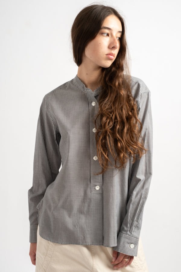 Button Through Collarless Shirt in Black + White Gingham