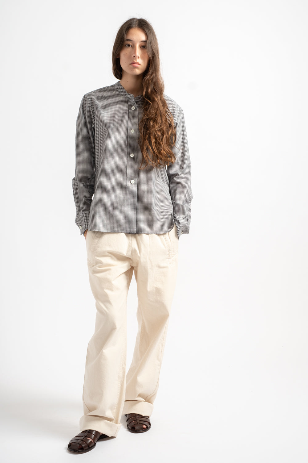 Button Through Collarless Shirt in Black + White Gingham