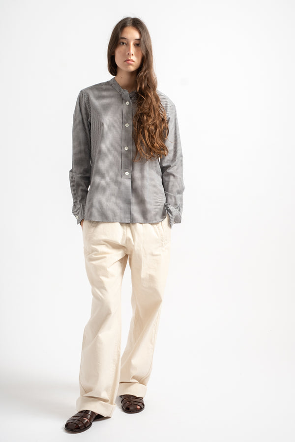 Button Through Collarless Shirt in Black + White Gingham