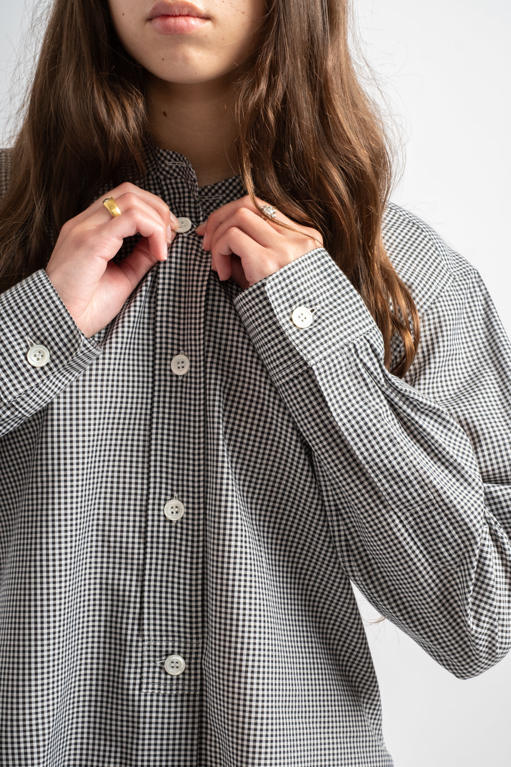 Button Through Collarless Shirt in Black + White Gingham