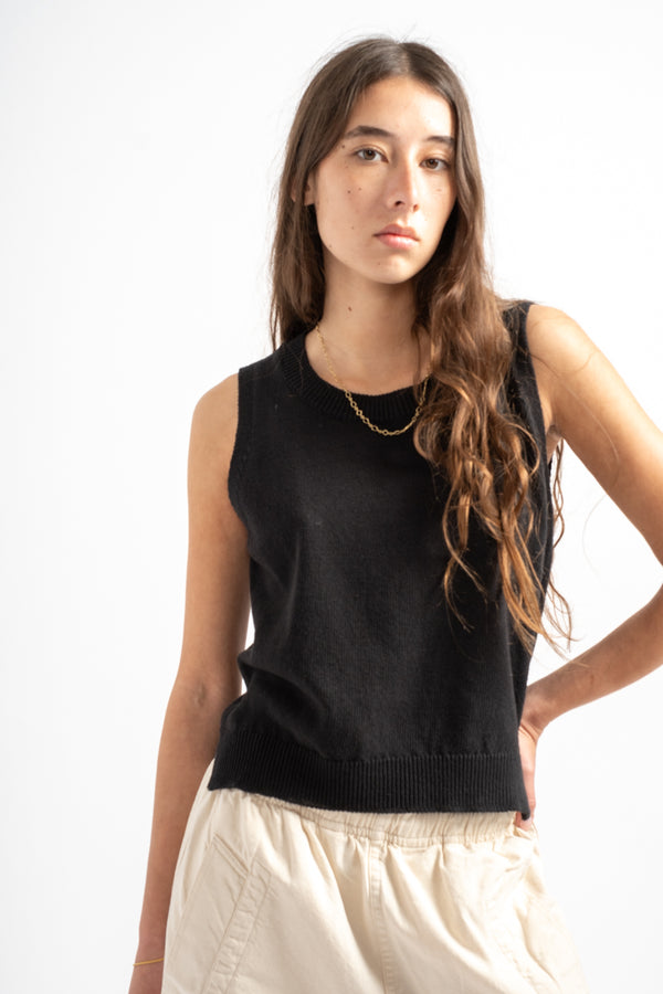 Knitted Cotton Linen Tank Top in Off Black