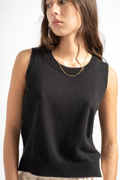 Knitted Cotton Linen Tank Top in Off Black