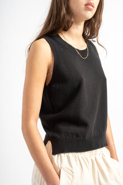 Knitted Cotton Linen Tank Top in Off Black