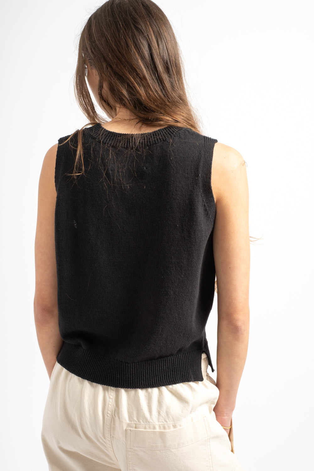 Knitted Cotton Linen Tank Top in Off Black