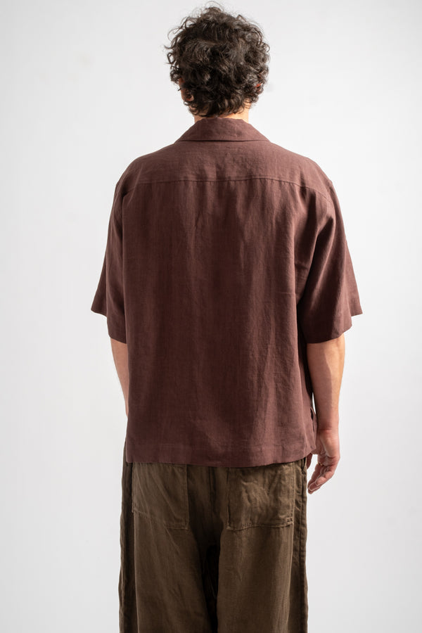 Revere Collar Shirt in Soft Linen Poplin Mahogany