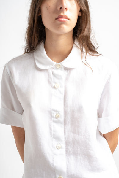 Short Sleeve Round Collar Shirt in Linen White