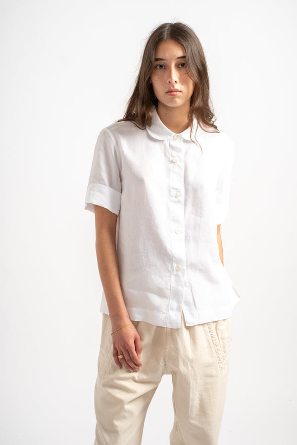 Short Sleeve Round Collar Shirt in Linen White