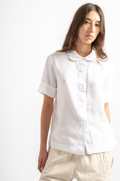 Short Sleeve Round Collar Shirt in Linen White