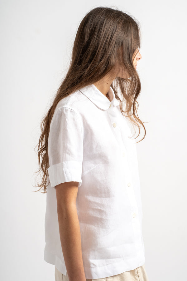 Short Sleeve Round Collar Shirt in Linen White