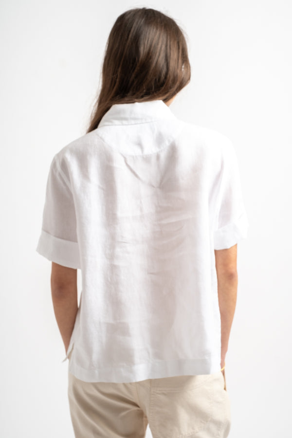 Short Sleeve Round Collar Shirt in Linen White