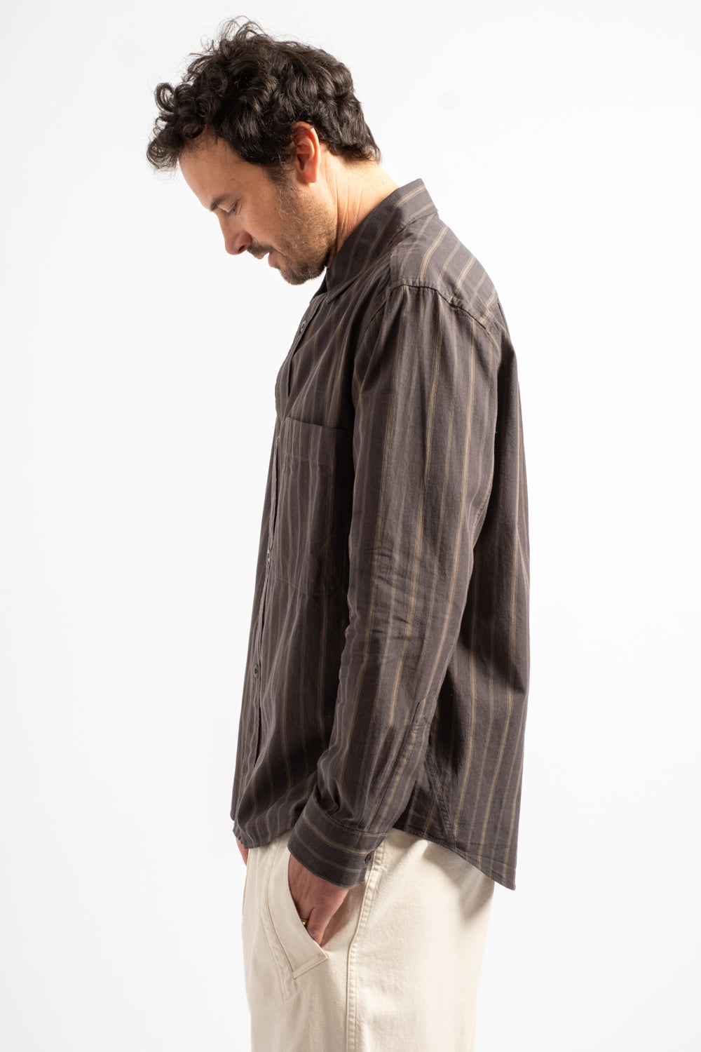 Basic Shirt in Bold Stripe Cotton Off Black + Khaki