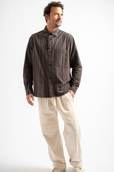 Basic Shirt in Bold Stripe Cotton Off Black + Khaki