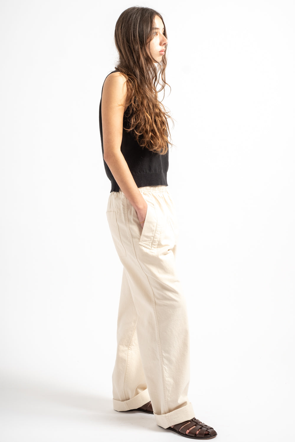 Wide Leg Jogger in Off White Cotton Twill