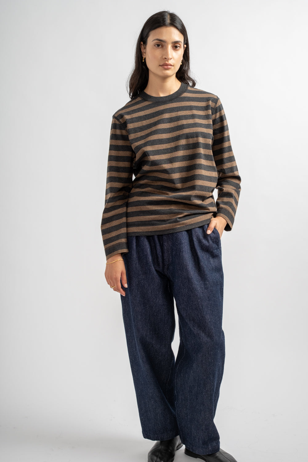 Crew Neck Matelot Light Cotton in Black + Bark Melange Stripe