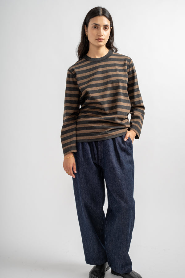 Crew Neck Matelot Light Cotton in Black + Bark Melange Stripe