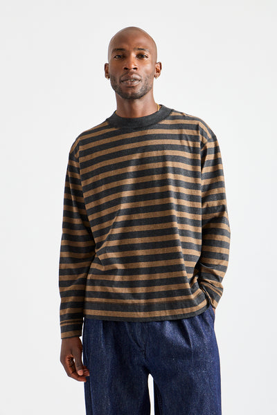 Crew Neck Matelot Light Cotton in Black + Bark Melange Stripe