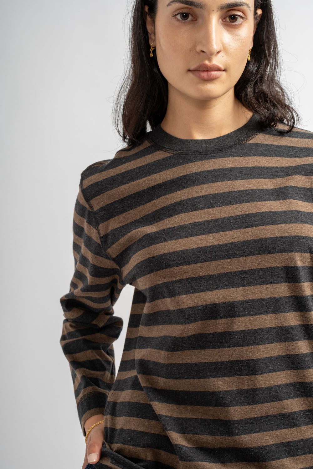 Crew Neck Matelot Light Cotton in Black + Bark Melange Stripe