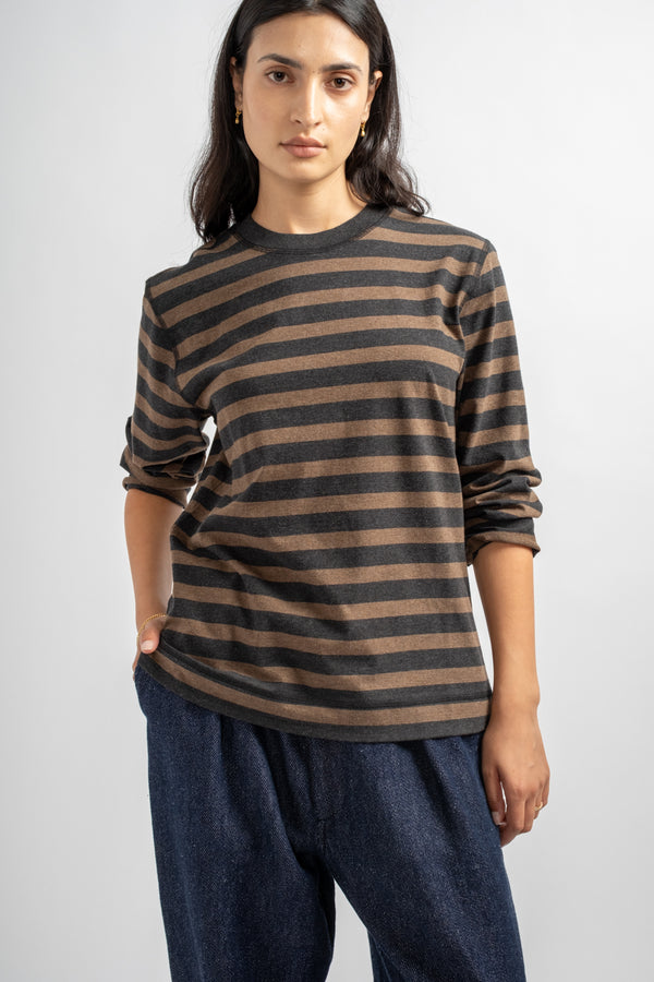 Crew Neck Matelot Light Cotton in Black + Bark Melange Stripe